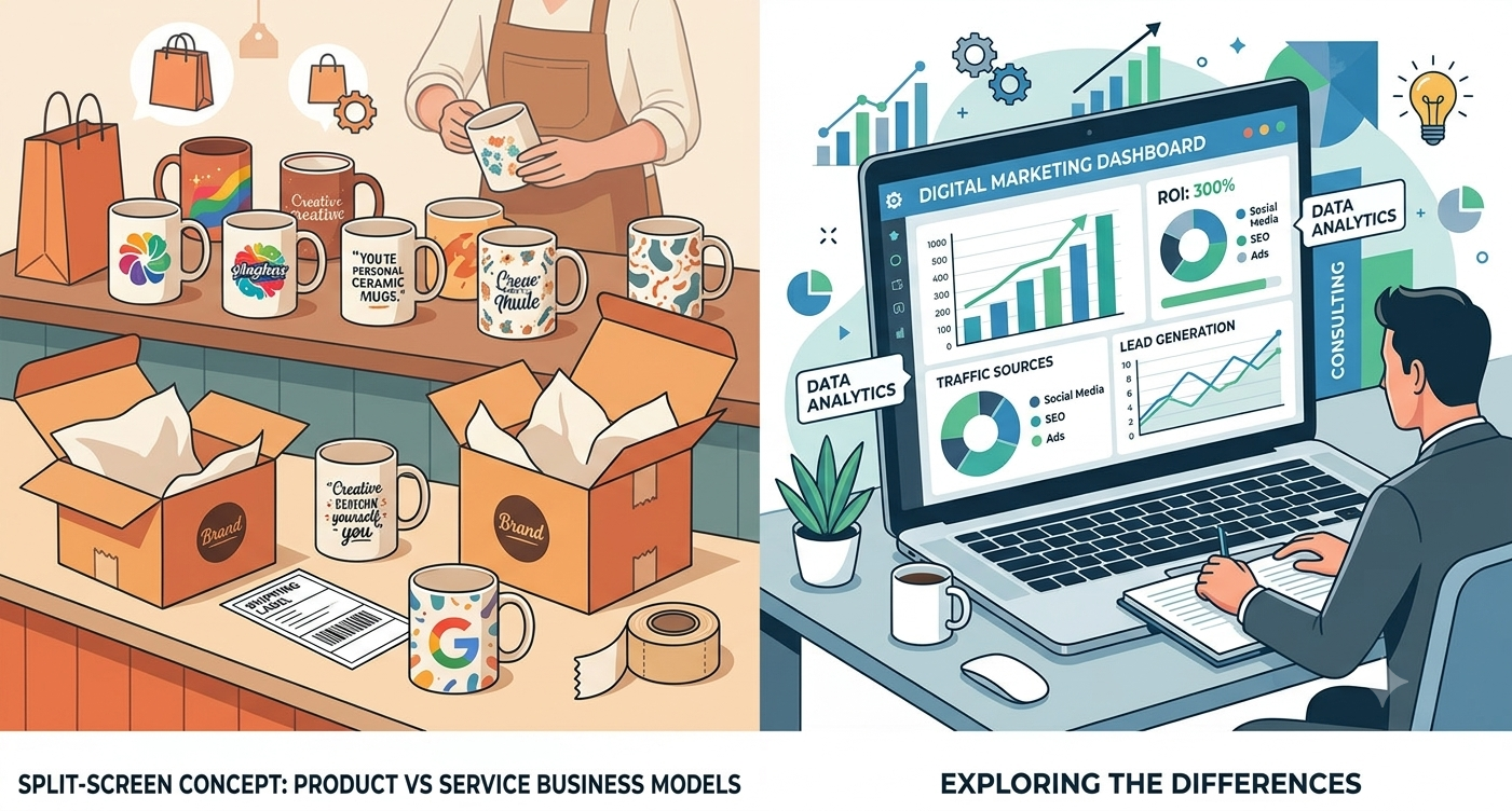 An illustrated split-screen concept comparing a product-based business with physical goods on the left and a service-based business with digital expertise on the right.