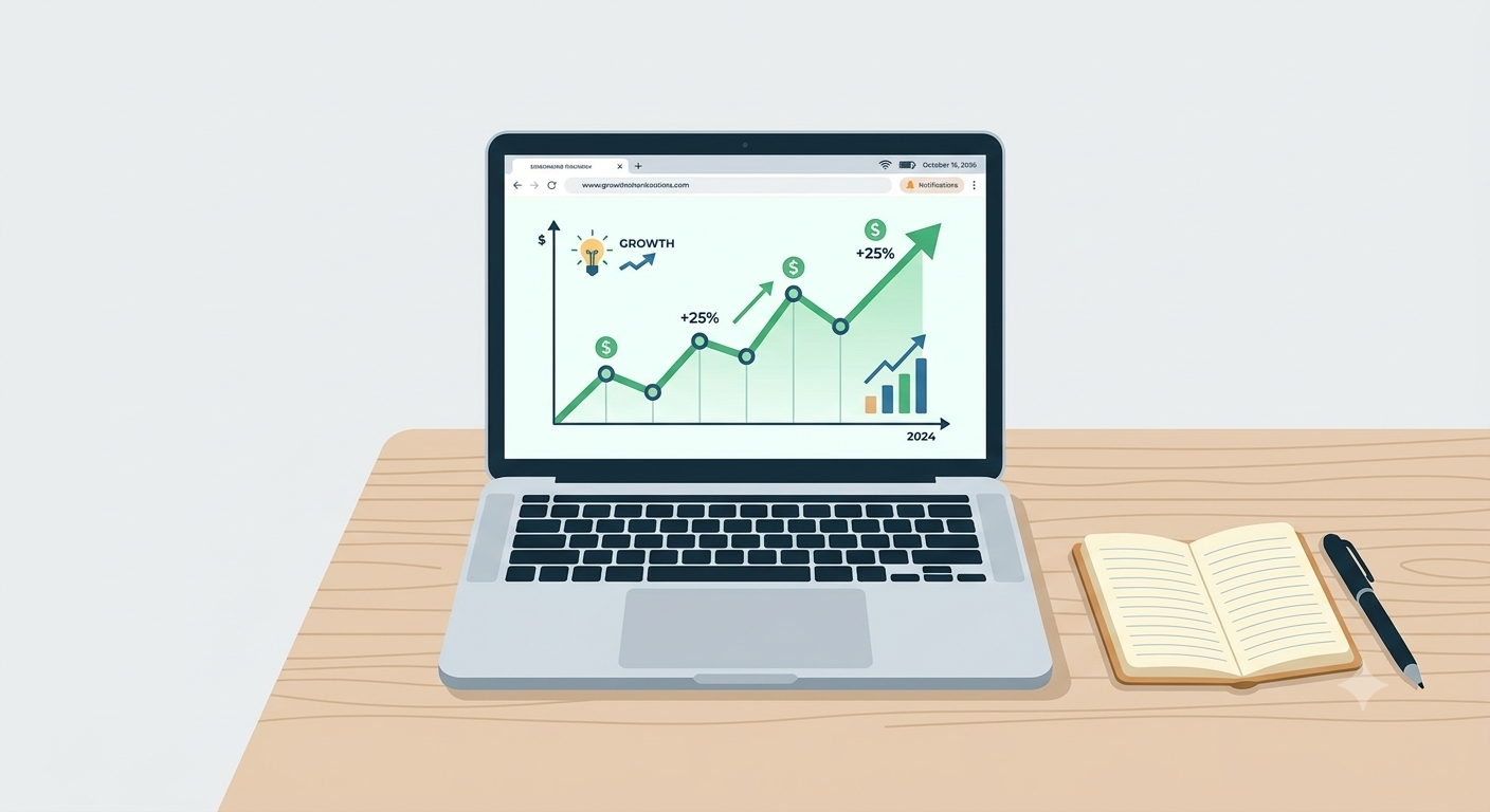 A vibrant financial illustration representing business revenue with a cash register, coins, rising growth charts, and financial documents.